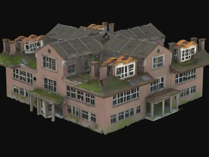 3D model for destroyed public school building, with broken classroom windows, collapsed roof sections, overgrown weeds creeping through the floor, abandoned playground visible in the background,Ultra realistic,high detailed