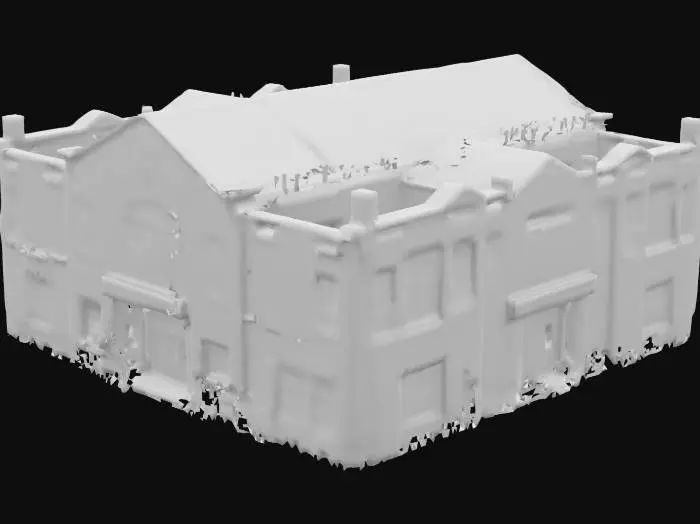 3D model for destroyed public school building, with broken classroom windows, collapsed roof sections, overgrown weeds creeping through the floor, abandoned playground visible in the background,Ultra realistic,high detailed