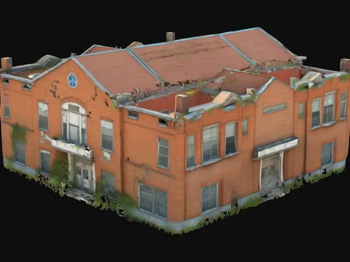 3D model for destroyed public school building, with broken classroom windows, collapsed roof sections, overgrown weeds creeping through the floor, abandoned playground visible in the background,Ultra realistic,high detailed