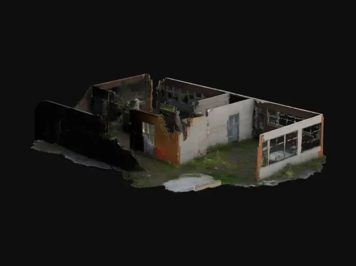 3D model for destroyed public school building, with broken classroom windows, collapsed roof sections, overgrown weeds creeping through the floor, abandoned playground visible in the background,Ultra realistic,high detailed