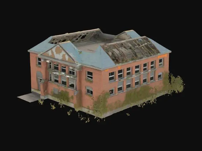 3D model for destroyed public school building, with broken classroom windows, collapsed roof sections, overgrown weeds creeping through the floor, abandoned playground visible in the background,Ultra realistic,high detailed