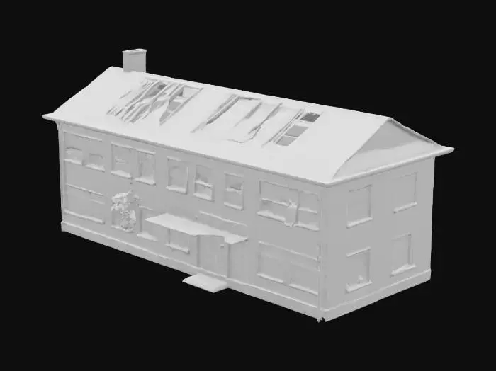 3D model for destroyed public school building, with broken classroom windows, collapsed roof sections, overgrown weeds creeping through the floor, abandoned playground visible in the background,Ultra realistic,high detailed