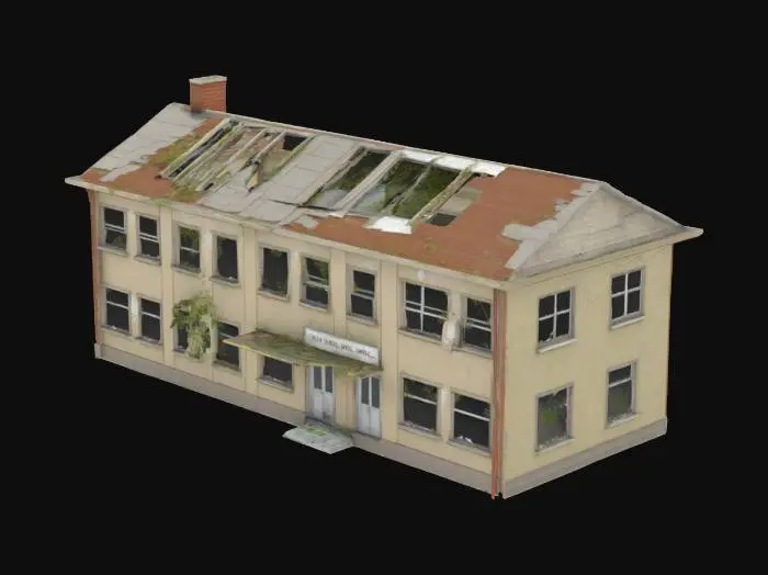 3D model for destroyed public school building, with broken classroom windows, collapsed roof sections, overgrown weeds creeping through the floor, abandoned playground visible in the background,Ultra realistic,high detailed