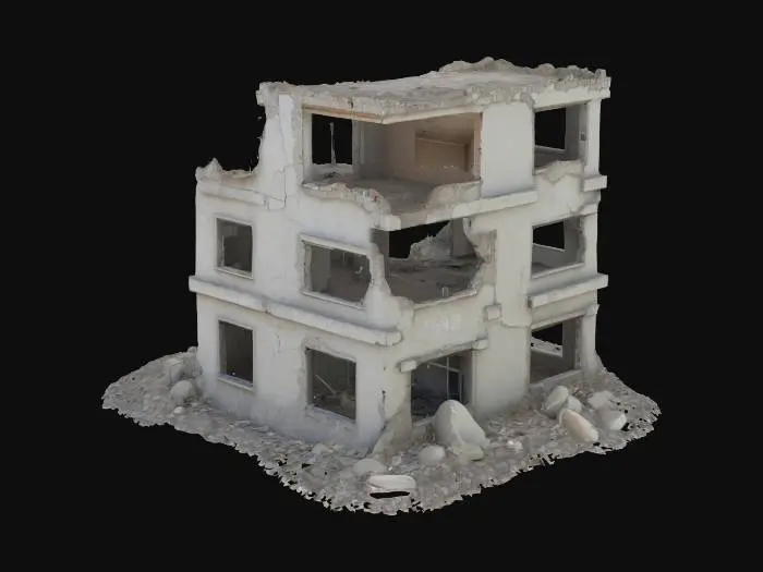 3D model for damaged building after an explosion, walls cracked and partially collapsed, post-apocalyptic