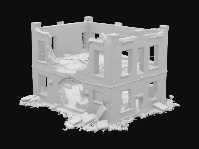 3D model for damaged building after an explosion, walls cracked and partially collapsed, post-apocalyptic