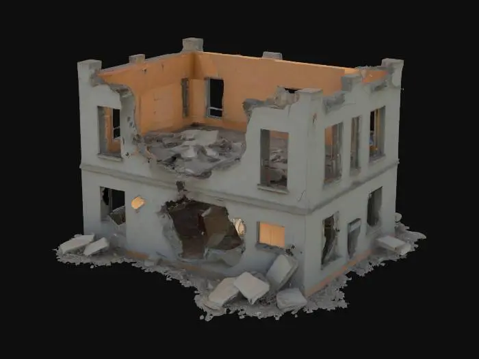 3D model for damaged building after an explosion, walls cracked and partially collapsed, post-apocalyptic