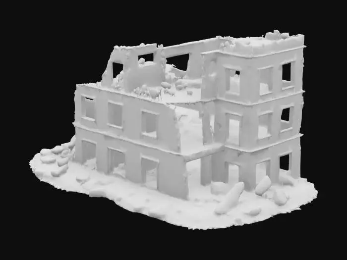 3D model for damaged building after an explosion, walls cracked and partially collapsed, post-apocalyptic