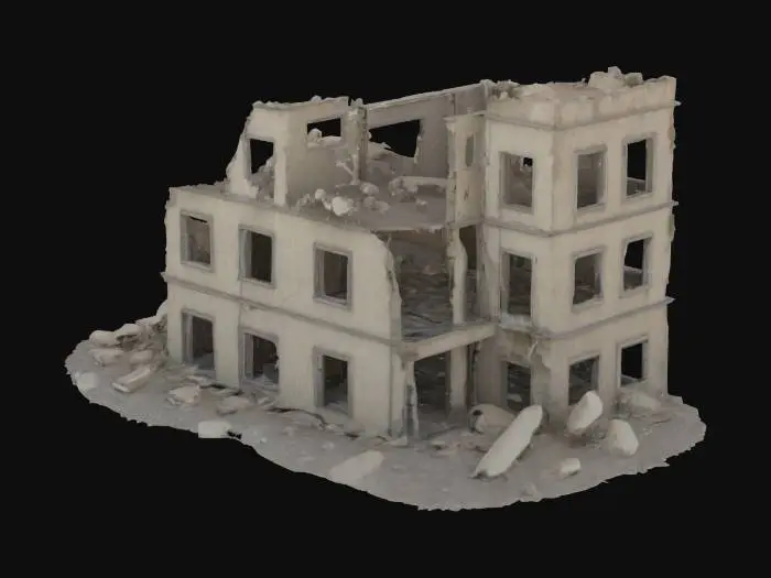 3D model for damaged building after an explosion, walls cracked and partially collapsed, post-apocalyptic