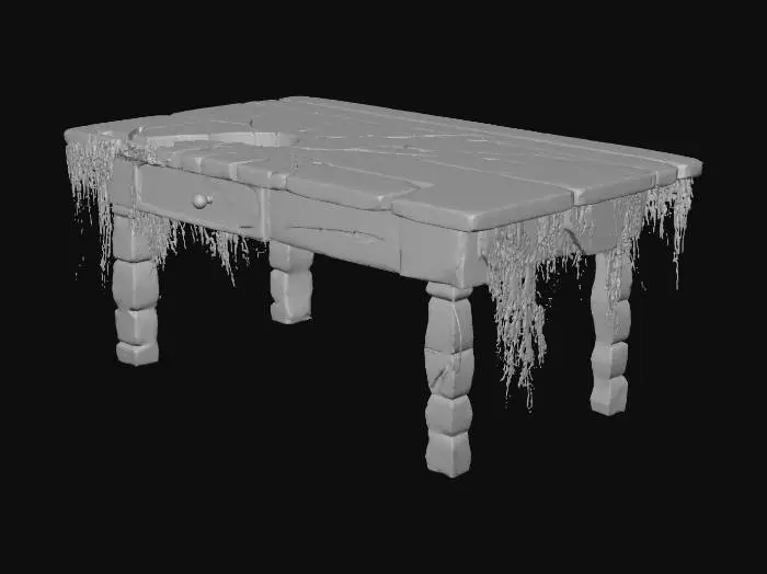3D model for An old, wooden table. The surface is cracked, scratched, and stained with dark spots resembling dried blood. Some legs look unstable and worn, with cobwebs hanging underneath.
