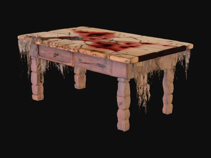 3D model for An old, wooden table. The surface is cracked, scratched, and stained with dark spots resembling dried blood. Some legs look unstable and worn, with cobwebs hanging underneath.