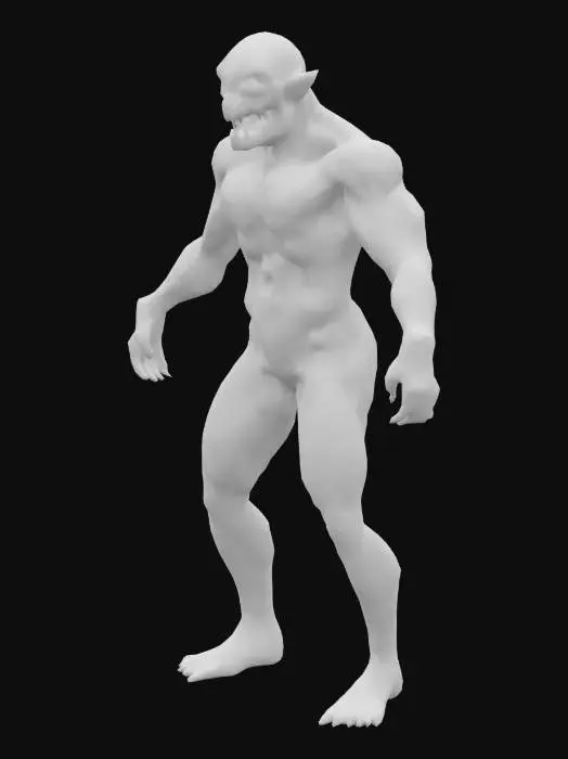 3D model for "A horrifying mutated creature with sinewy limbs, glowing veins, and an intimidating humanoid frame. Its face is stretched into a wide snarl, with shadowy indentations where eyes should be, and a large jaw full of uneven teeth. Its arms and chest are muscular and built for power, with extended clawed fingers. The skin appears pale, rough, and covered in dark markings and cracks. Designed to be a fast, aggressive enemy in a horror-survival video game. Standing in a T-pose