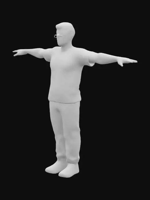3D model for A short and stocky male character standing in a T-pose. He wears glasses. His right leg is visibly shorter than his left leg, causing a slight tilt in the hip alignment. His body is thickset with a wide torso and short limbs. His arms are stretched horizontally at shoulder level in a standard T-pose. The expression is neutral. The character wears casual clothes, like a plain T-shirt and sweatpants., Highly Detailed, #emblem#