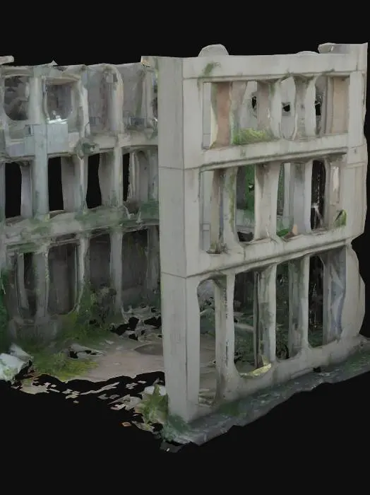 3D model for Post-apocalyptic ruined building, abandoned, overgrown with vegetation, destroyed windows and walls,High detailed, #arch#
