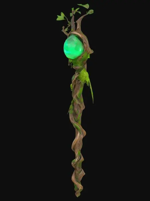 3D model for A fantasy druidic staff made of twisted wood and vines, glowing green gem on top, moss and leaves hanging, magical runes etched