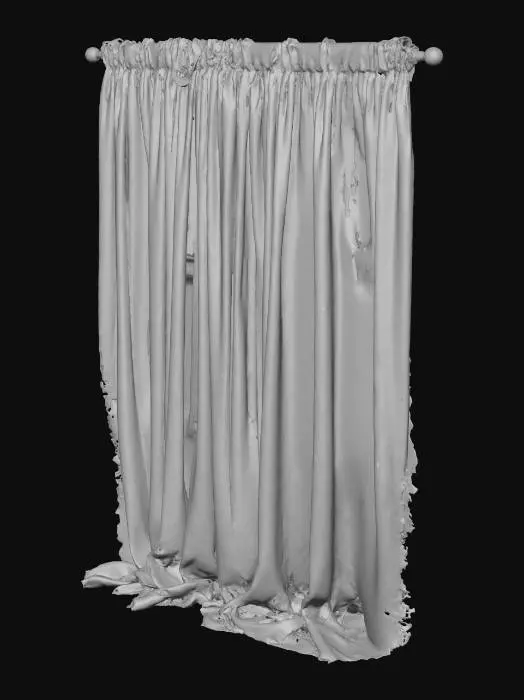 3D model for A dark, old, and tattered curtain,The fabric is faded and dusty, with torn edges and holes