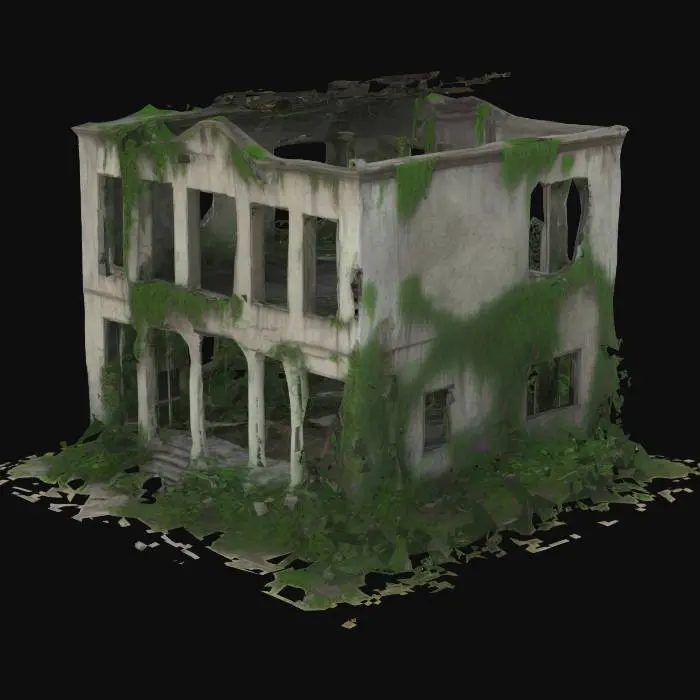 3D model for Post-apocalyptic ruined building, abandoned, overgrown with vegetation, destroyed windows and walls,High detailed, #arch#