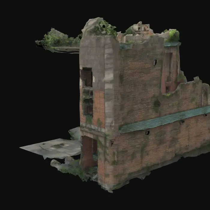 3D model for Post-apocalyptic ruined building, abandoned, overgrown with vegetation, destroyed windows and walls,High detailed, #arch#
