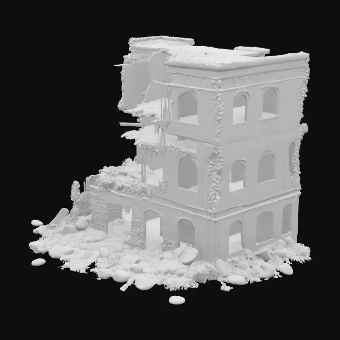 3D model for destroyed building, partially collapsed with broken walls, exposed steel beams, shattered windows, post-apocalyptic atmosphere