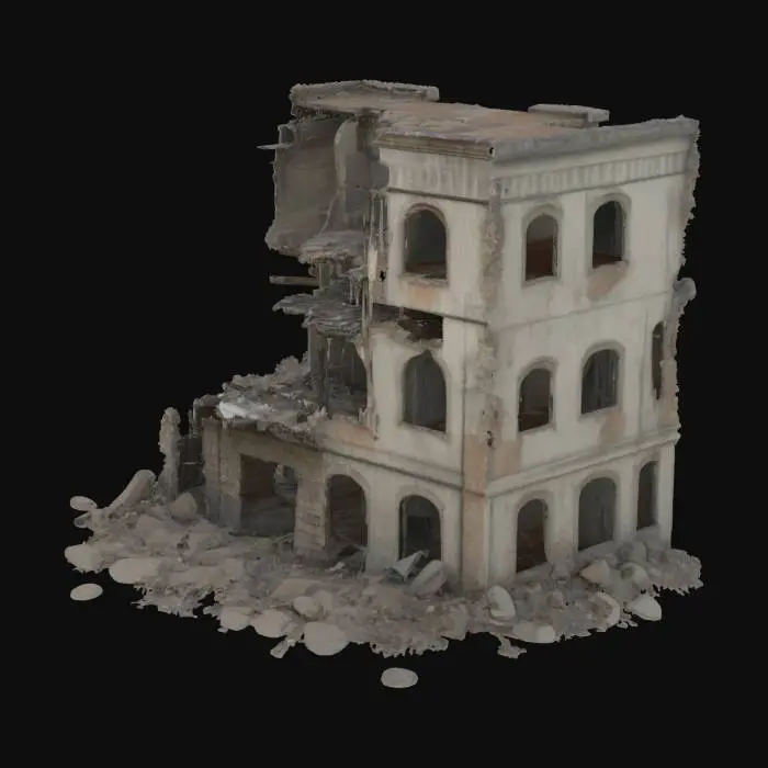 3D model for destroyed building, partially collapsed with broken walls, exposed steel beams, shattered windows, post-apocalyptic atmosphere