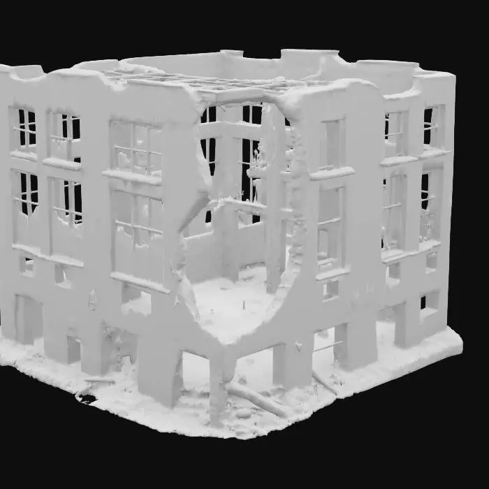 3D model for destroyed building, partially collapsed with broken walls, exposed steel beams, shattered windows, post-apocalyptic atmosphere