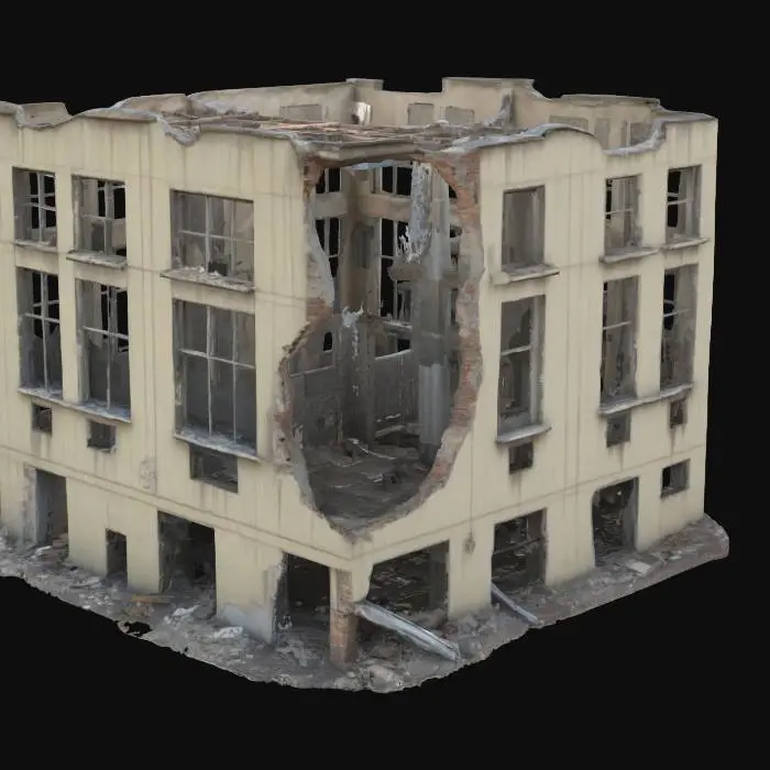 3D model for destroyed building, partially collapsed with broken walls, exposed steel beams, shattered windows, post-apocalyptic atmosphere