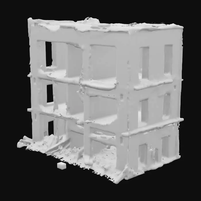 3D model for destroyed building, partially collapsed with broken walls, exposed steel beams, shattered windows, post-apocalyptic atmosphere