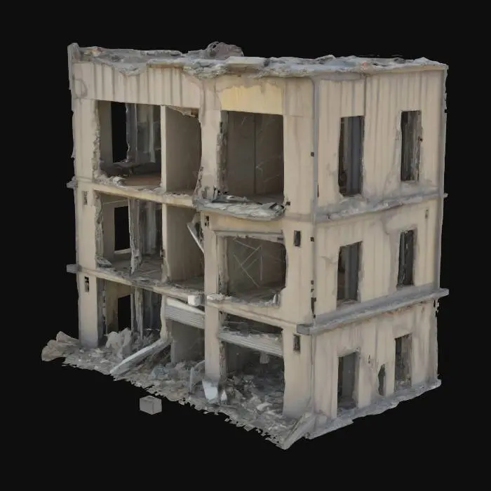3D model for destroyed building, partially collapsed with broken walls, exposed steel beams, shattered windows, post-apocalyptic atmosphere