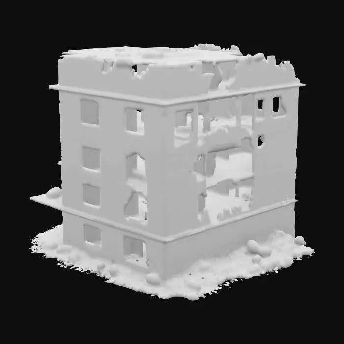 3D model for destroyed building, partially collapsed with broken walls, exposed steel beams, shattered windows, post-apocalyptic atmosphere