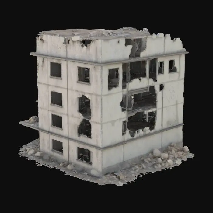 3D model for destroyed building, partially collapsed with broken walls, exposed steel beams, shattered windows, post-apocalyptic atmosphere