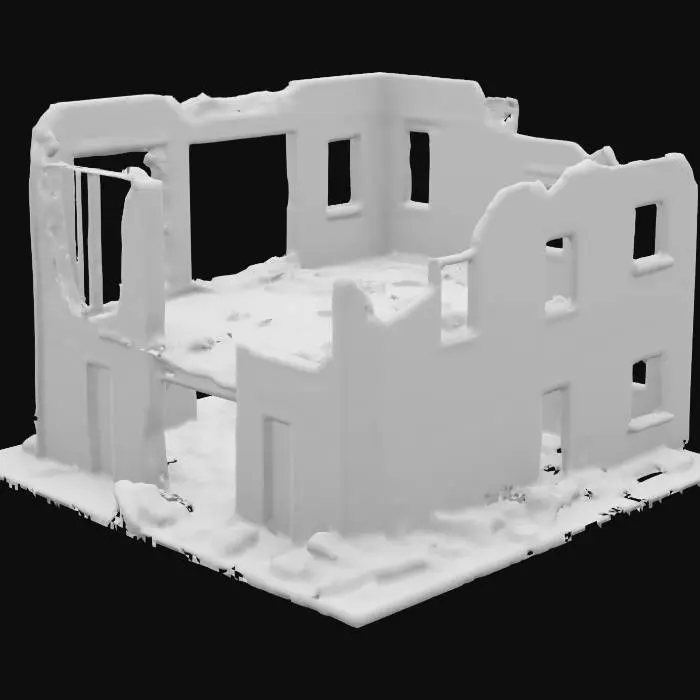 3D model for destroyed building, partially collapsed with broken walls, exposed steel beams, shattered windows, post-apocalyptic atmosphere