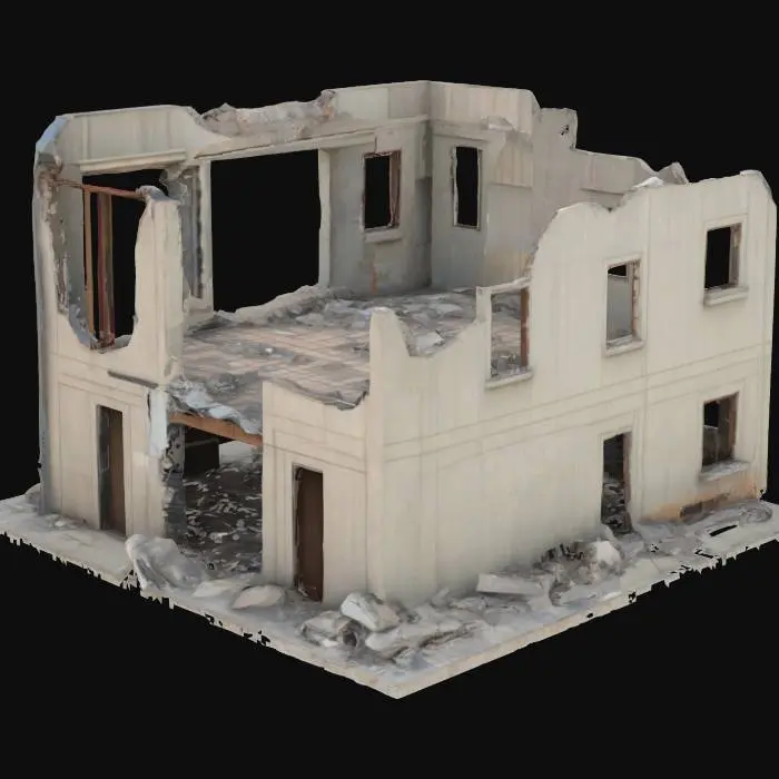 3D model for destroyed building, partially collapsed with broken walls, exposed steel beams, shattered windows, post-apocalyptic atmosphere