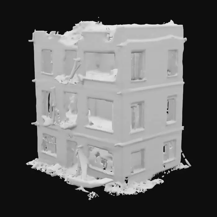3D model for damaged building after an explosion, walls cracked and partially collapsed, post-apocalyptic