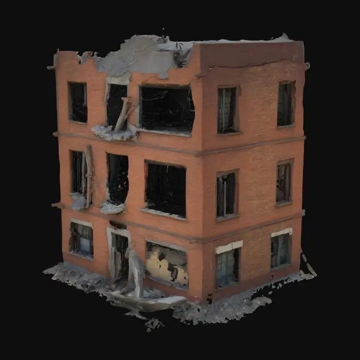 3D model for damaged building after an explosion, walls cracked and partially collapsed, post-apocalyptic