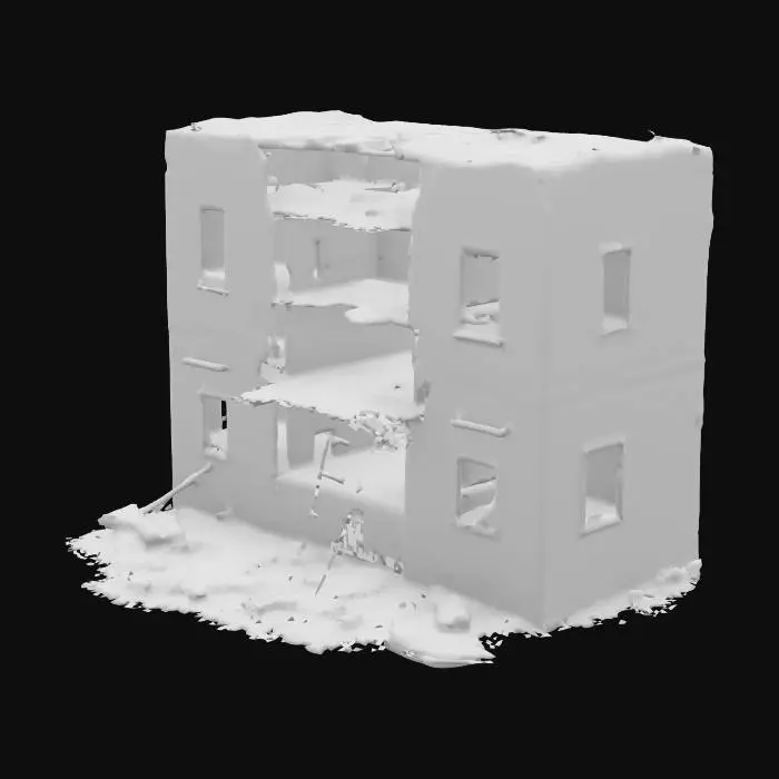 3D model for damaged building after an explosion, walls cracked and partially collapsed, post-apocalyptic