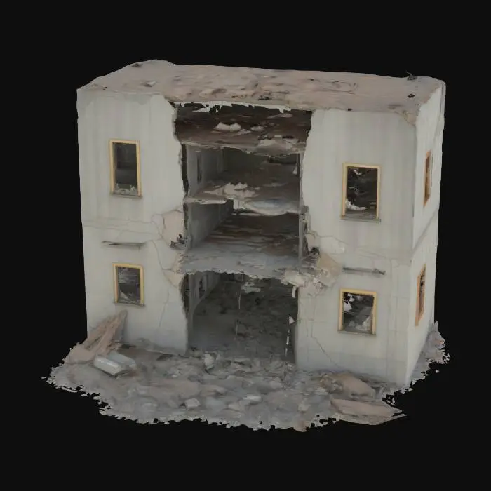3D model for damaged building after an explosion, walls cracked and partially collapsed, post-apocalyptic