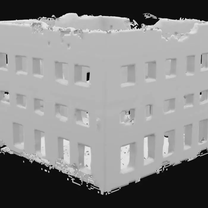 3D model for damaged building after an explosion, walls cracked and partially collapsed, post-apocalyptic