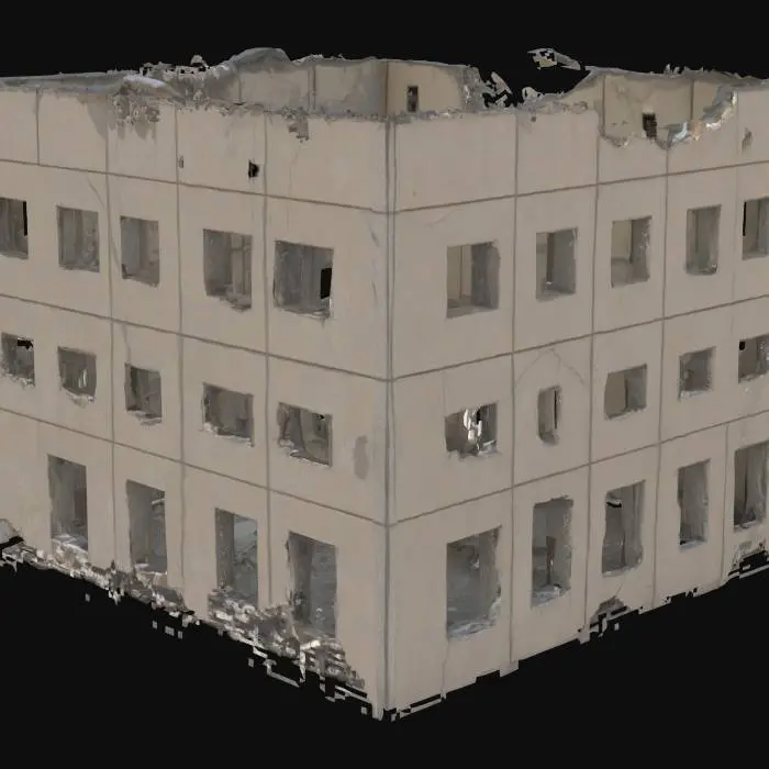3D model for damaged building after an explosion, walls cracked and partially collapsed, post-apocalyptic