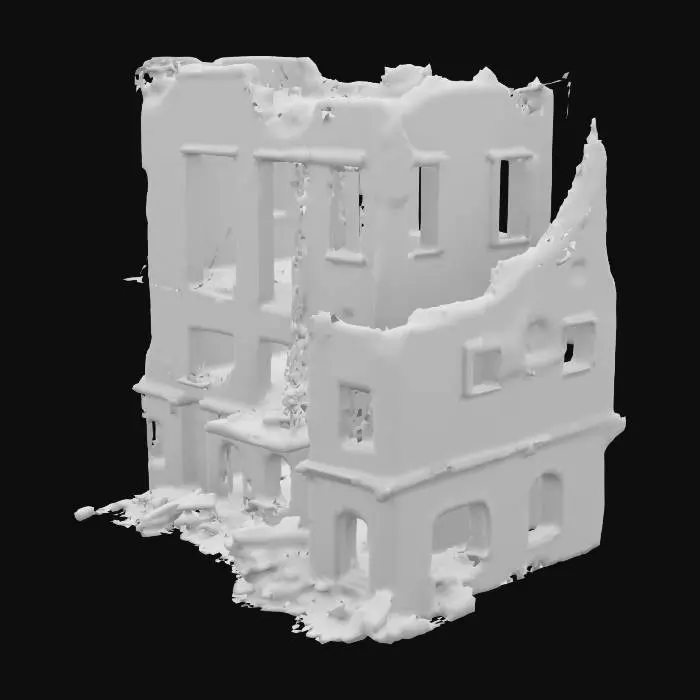 3D model for damaged building after an explosion, walls cracked and partially collapsed, post-apocalyptic