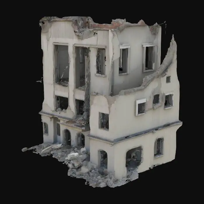 3D model for damaged building after an explosion, walls cracked and partially collapsed, post-apocalyptic