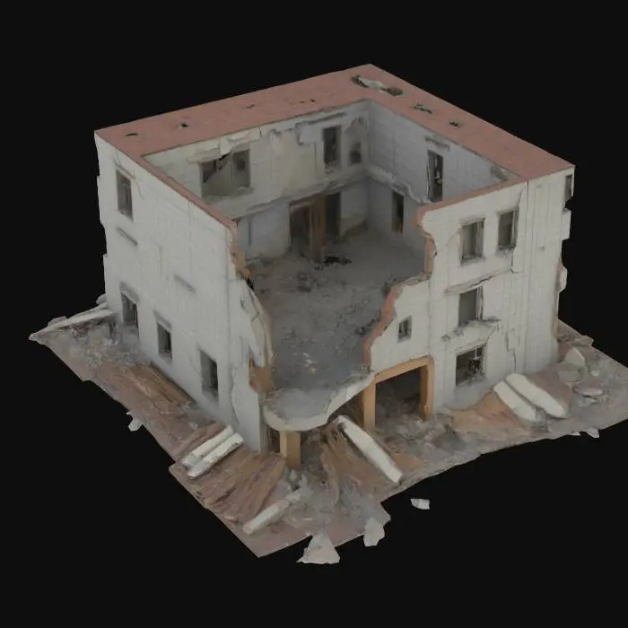 3D model for damaged building after an explosion, walls cracked and partially collapsed, post-apocalyptic