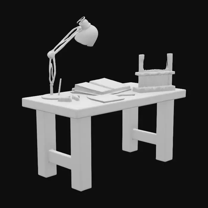 3D model for A small wooden table with a few open notebooks, some test tubes, a lamp, and scattered papers. The setup looks like someone was doing quiet scientific work. Nothing too advanced, just basic research materials left behind.