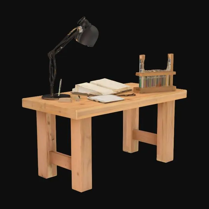 3D model for A small wooden table with a few open notebooks, some test tubes, a lamp, and scattered papers. The setup looks like someone was doing quiet scientific work. Nothing too advanced, just basic research materials left behind.