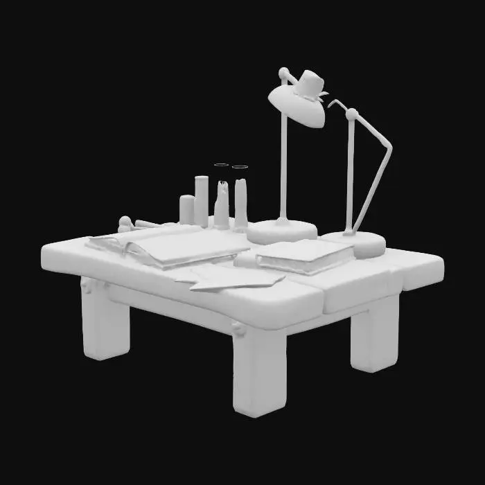 3D model for A small wooden table with a few open notebooks, some test tubes, a lamp, and scattered papers. The setup looks like someone was doing quiet scientific work. Nothing too advanced, just basic research materials left behind.