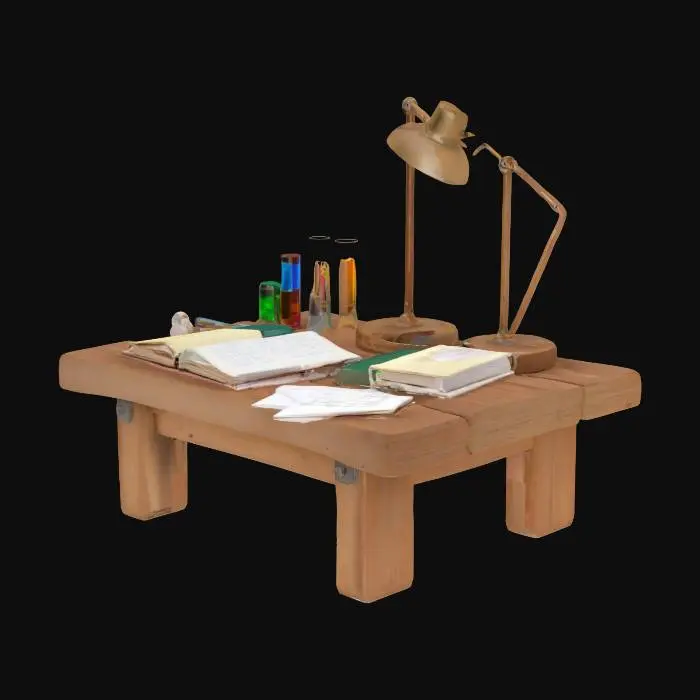 3D model for A small wooden table with a few open notebooks, some test tubes, a lamp, and scattered papers. The setup looks like someone was doing quiet scientific work. Nothing too advanced, just basic research materials left behind.