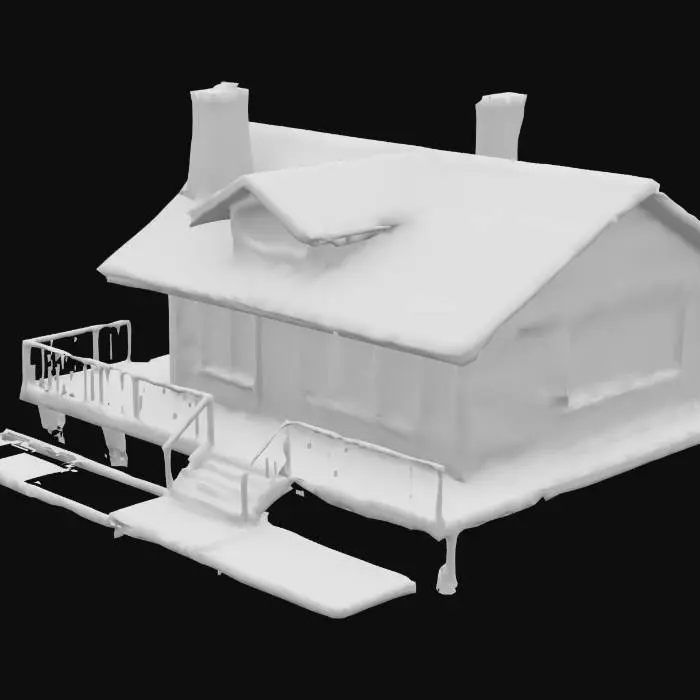 3D model for A cozy lakeside house with wooden walls and a stone chimney, surrounded by pine trees, with a small wooden dock extending into the calm water, soft sunset lighting, realistic textures, detailed wood grain, natural reflections on the lake, photorealistic style