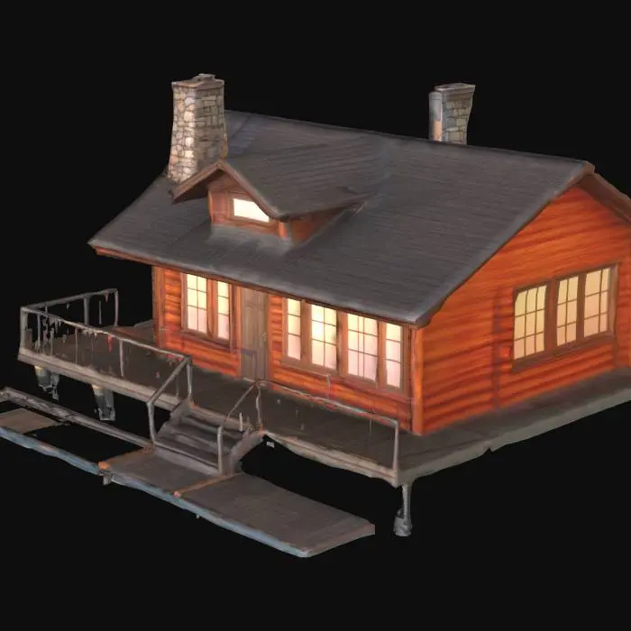 3D model for A cozy lakeside house with wooden walls and a stone chimney, surrounded by pine trees, with a small wooden dock extending into the calm water, soft sunset lighting, realistic textures, detailed wood grain, natural reflections on the lake, photorealistic style