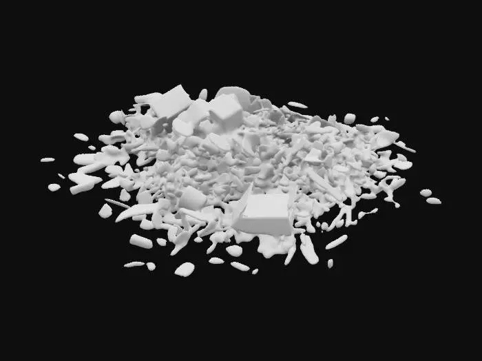 3D model for trash pile, The object is a large, chaotic pile of variously shaped and colored waste items, featuring cardboard boxes, plastic containers, paper, and bags, with a rough and cluttered texture., Sehr detailliert, Ultra-realistisch