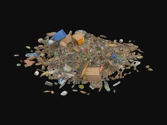 3D model for trash pile, The object is a large, chaotic pile of variously shaped and colored waste items, featuring cardboard boxes, plastic containers, paper, and bags, with a rough and cluttered texture., Sehr detailliert, Ultra-realistisch