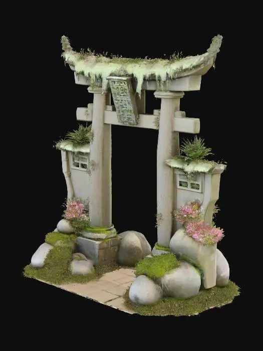 3D model for A tori gate made of ancient stone, covered in moss and fey flowers blooming around the base.