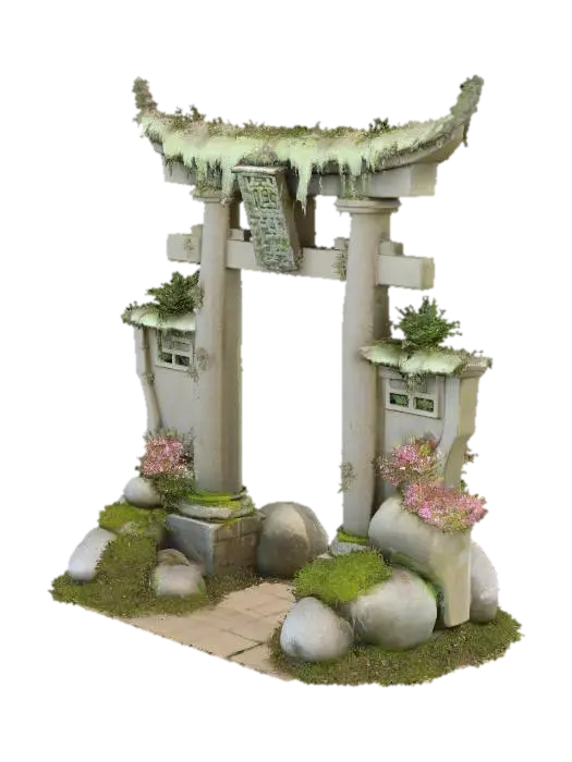 A tori gate made of ancient stone, covered in moss and fey flowers blooming around… - Torii 3D model, vytvořený pomocí AI